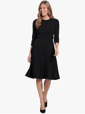 London Times Black Midi Fit & Flare Dress w/Three-Quarter Sleeves 8 Petite NWT